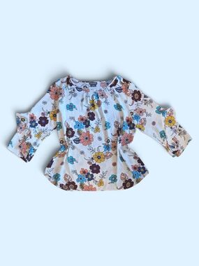 Van Heusen White Floral Blouse with Pink, Blue, Yellow & Brown Flowers Size L